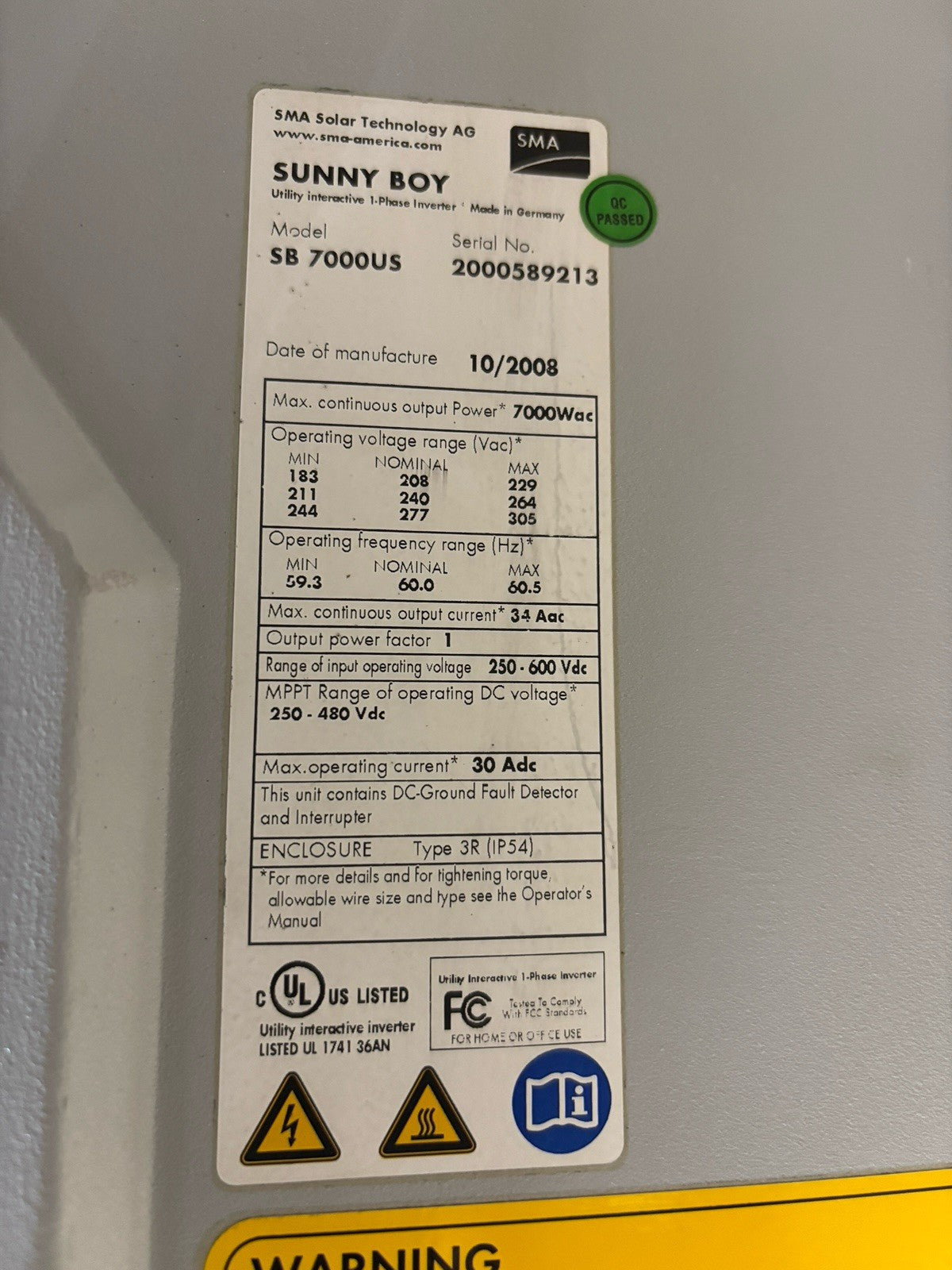 SMA Sunny Boy SB 7000US Solar Grid Tie Inverter